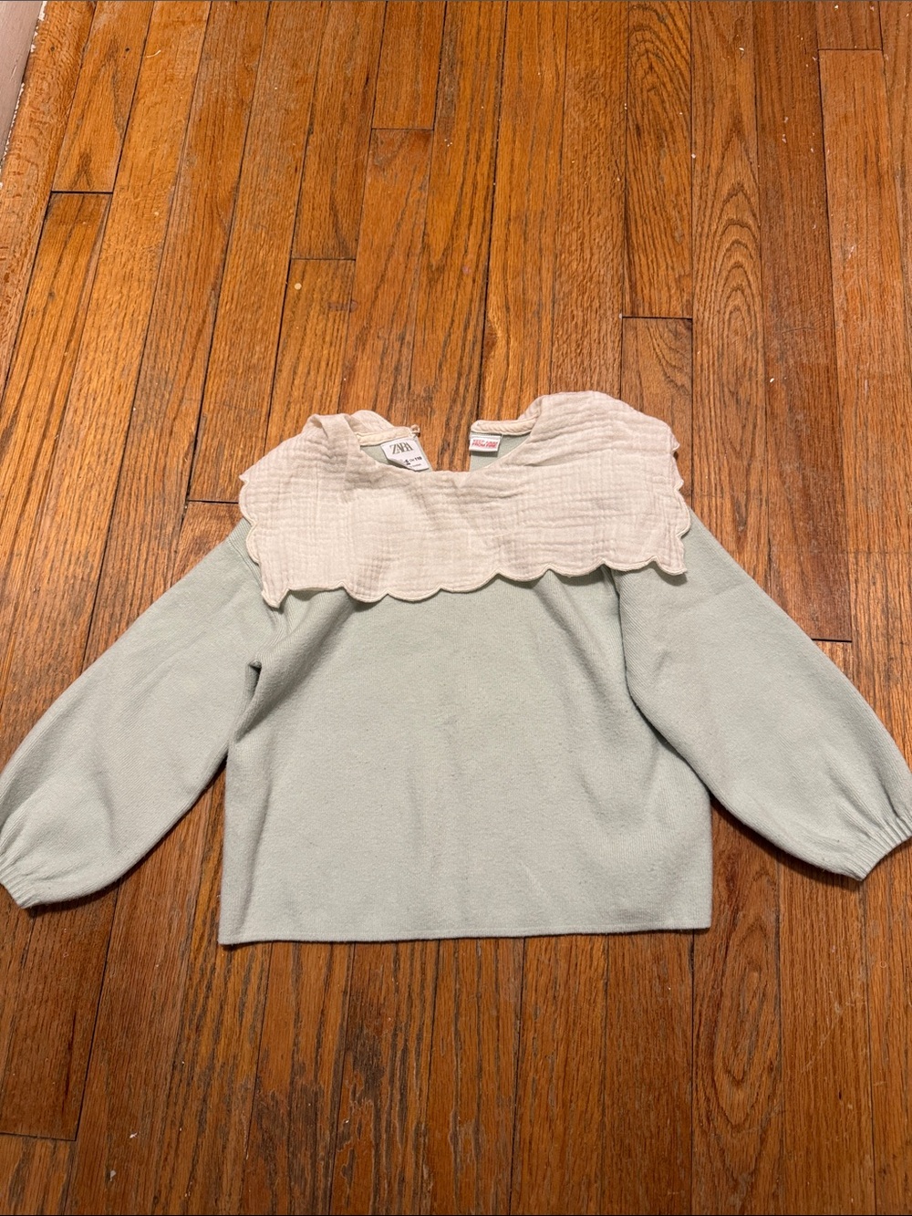 Zara Sage Long-Sleeve Top with Cream Scalloped Collar